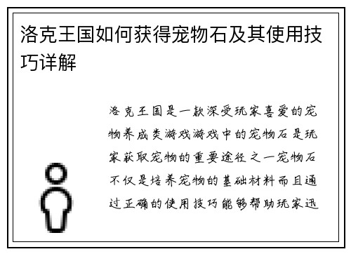 洛克王国如何获得宠物石及其使用技巧详解