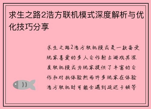 求生之路2浩方联机模式深度解析与优化技巧分享